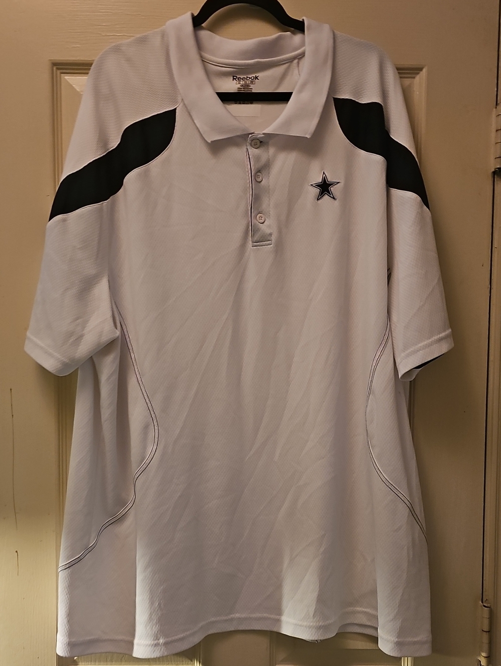 Reebok Men’s White Polo with Black Shoulder Panels and Star Logo Cowboys